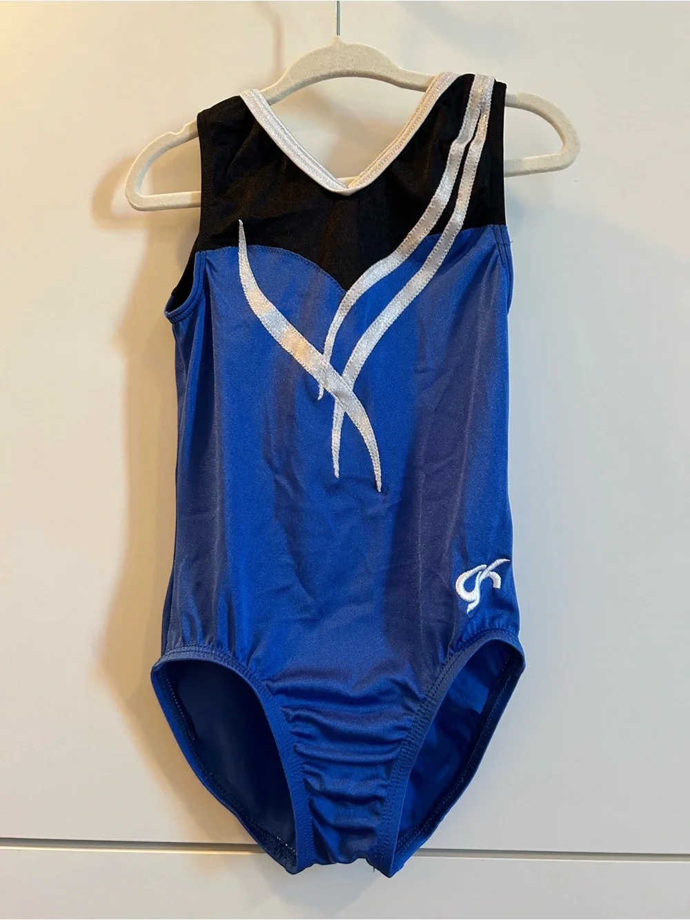 GK Girls Blue & Black Metallic Stripe Gymnastics Leotard - Child’s Small
